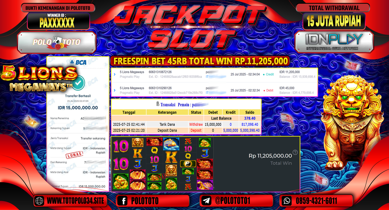 POLOTOTO JACKPOT SLOT 5 LIONS MEGAWAYS Rp.15.000.000,-LUNAS
