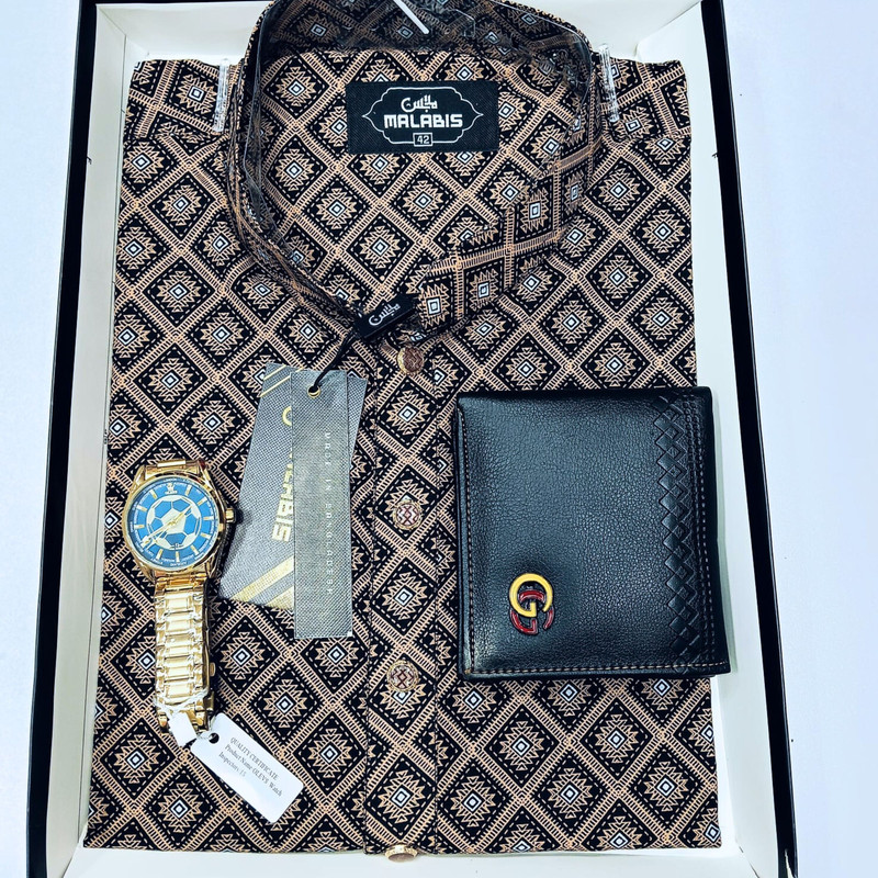 Cotton Print Punjabi + Premium Watch + Wallet Combo Pack