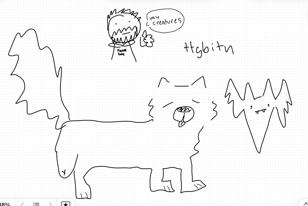 A very bad doodle of Jack as a dog, Dennis as a bat, and Robby standing off to the side. 