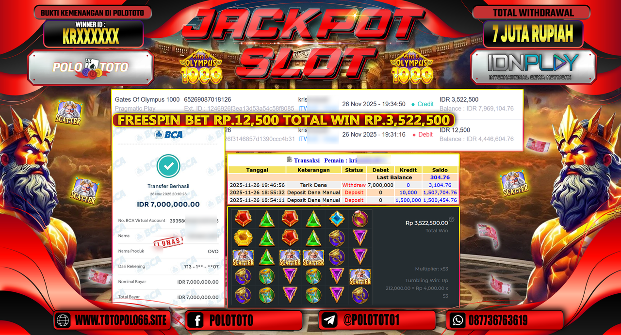 POLOTOTO JACKPOT SLOT GATES OF OLYMPUS 1000 Rp.7.000.000,- LUNAS