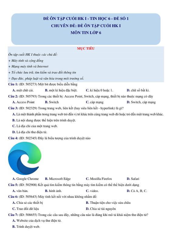 Trang 1 Đề ôn tập Tin học lớp 6