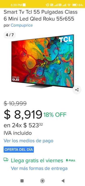 Mercado Libre: Smart Tv Tcl 55 Pulgadas Class 6 Mini Led Qled Roku 55r655