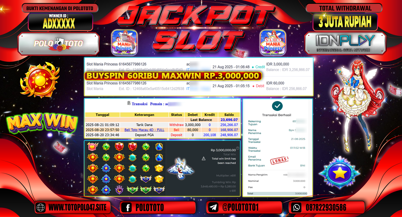POLOTOTO JACKPOT SLOT MANIA PRINCESS Rp.3.000.000,-