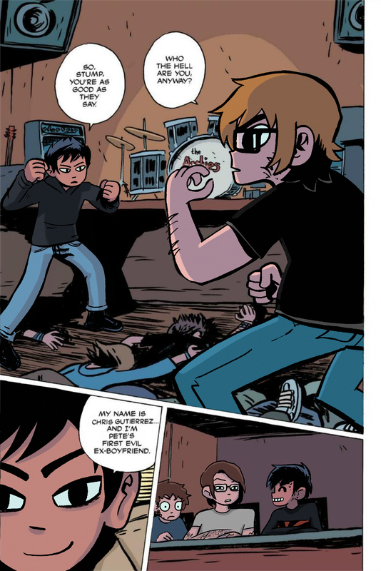 a scott pilgrim panel edit of various emo band members. patrick stump is scott, chris gutierrez is matthew, pete wentz is ramona, andy hurley is wallace, and joe trohman is stacey. panel 1: chris says 'so, stump, you're as good as they say.' patrick says 'who the hell are you, anyway?' panel 2: chris says 'my name is chris gutierrez...and i'm pete's first evil ex boyfriend' panel 3: pete smiles awkwardly at a shocked joe and andy