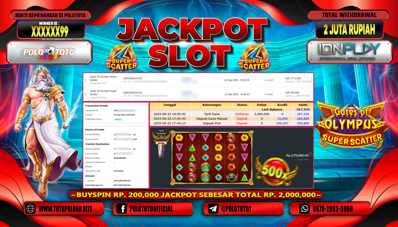 POLOTOTO JACKPOT SLOT GATES OF OLYMPUS SUPER SCATTER Rp.2.000.000,- LUNAS