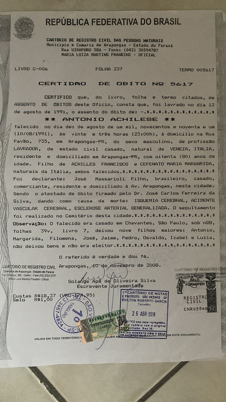 Certidão Obito Antonio Achilese