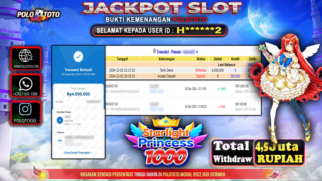 POLOTOTO JACKPOT SLOT STARLIGHT PRINCESS Rp.4,500.000,-