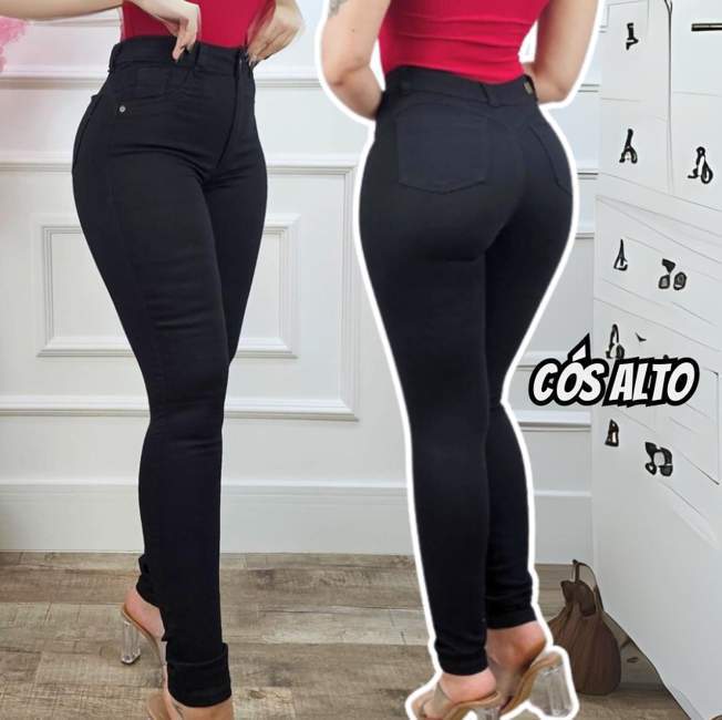 Calça Preta Jeans Feminina Skinny Cós Alto Levanta Bumbum