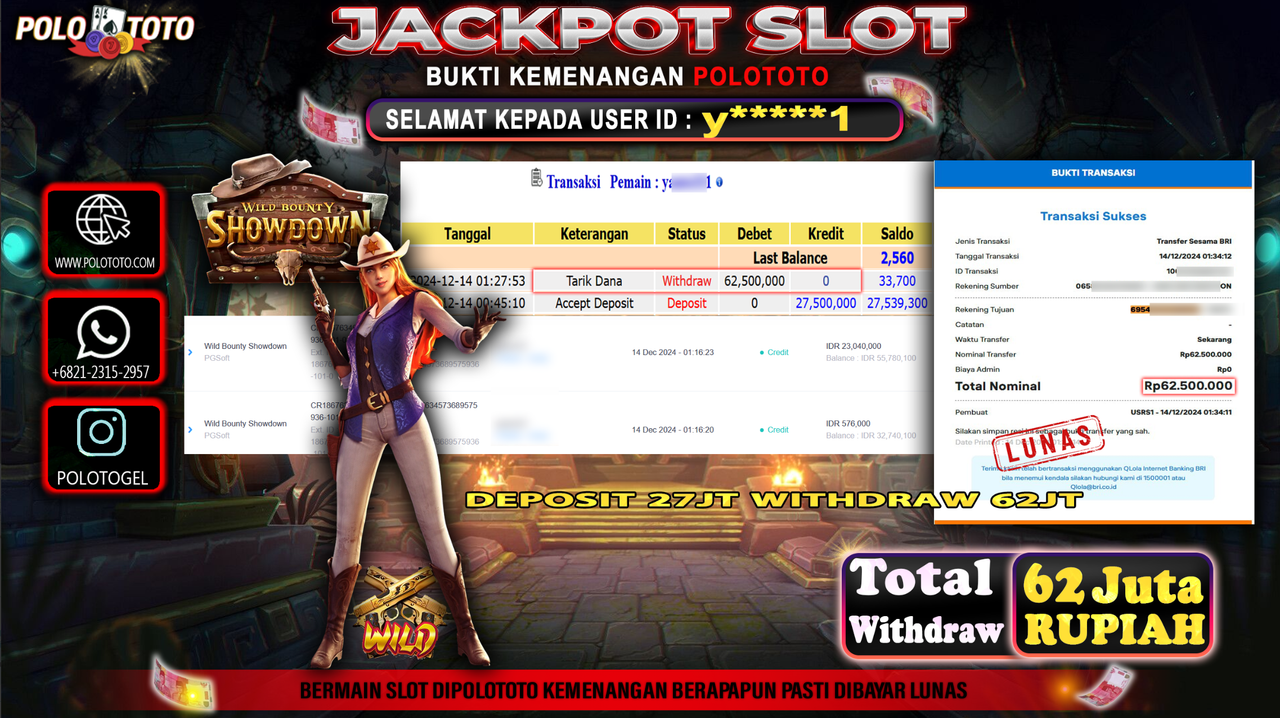 POLOTOTO JACKPOT SLOT WILD BOUNTY SHOWDOWN Rp.62,500.000,-