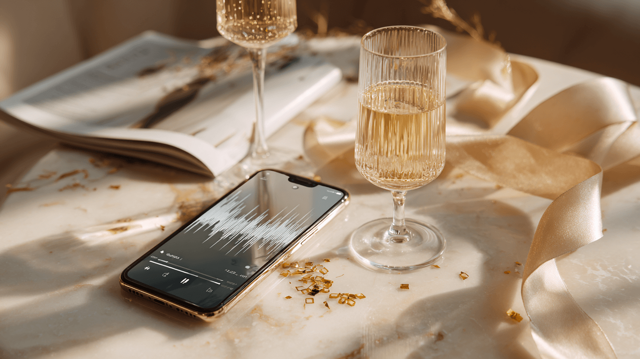 Смартфон с запущенным музыкальным приложением, бокал шампанского и золотое конфетти на мраморном столе. Концепция современного люксового подарка