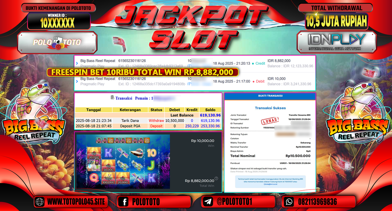 POLOTOTO JACKPOT SLOT BIG BASS REEL REPEAT Rp.10.500.000,-