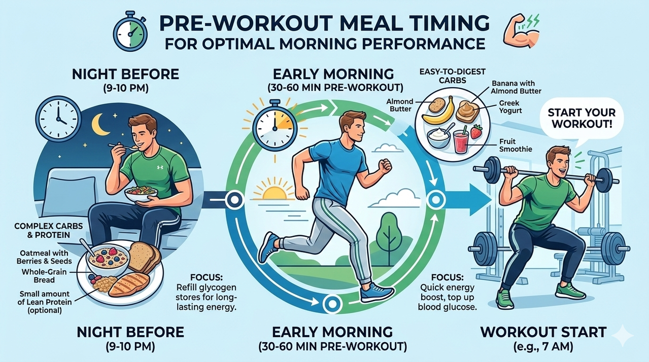 Infographic showing pre-workout meal timing for best whole foods to eat before a morning workout
