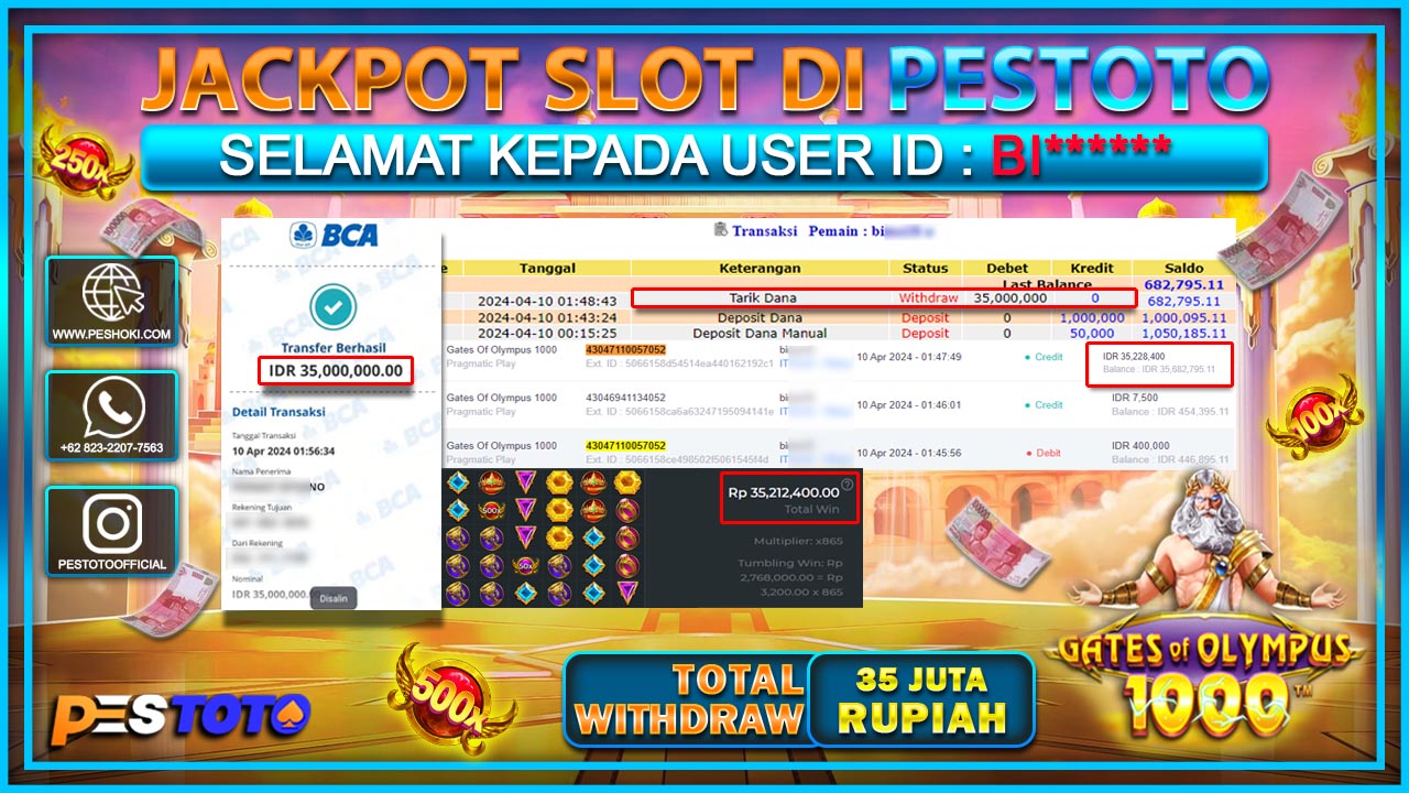 HANYA DI PESTOTO JP PASTI DI BAYAR LUNAS DAN CEPAT!!!!!! JP SLOT{ GATES OF OLYMPUS 1000 } Rp.35.000.000 !!!!!