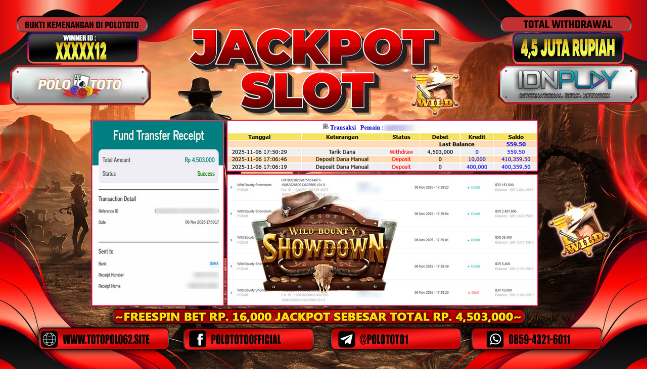 POLOTOTO JACKPOT SLOT WILD BOUNTY SHOWDOWN Rp.4.500.000,- LUNAS