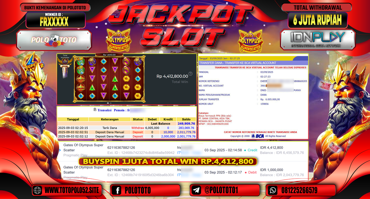 POLOTOTO JACKPOT SLOT GATES OF OLYMPUS SUPER SCATTER Rp.6.005.000,-