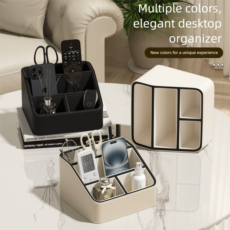 Black PU Leather Desktop Organizer Caddy - Multi-Compartment Holder