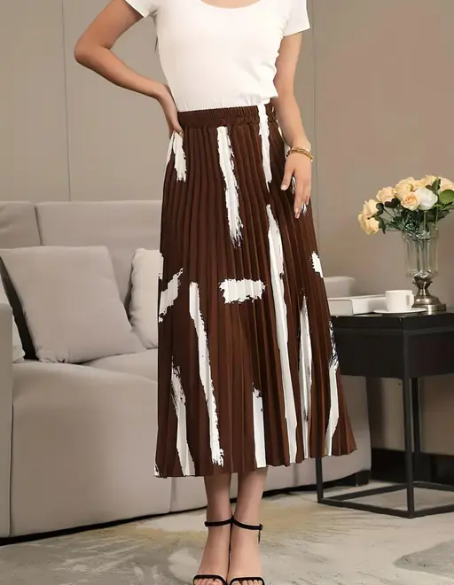 Skirt For Women | Brush Print Pleated Skirts, Vintage Elastic Waist Midi Skirts, Women's Clothing(Premium Quality) Color5 (R230)
