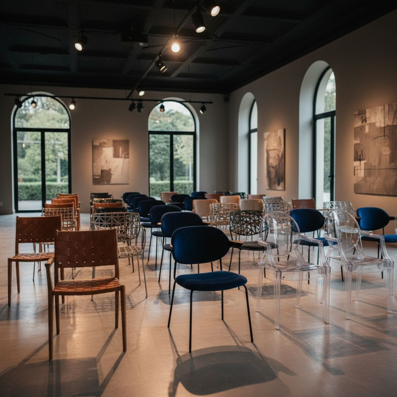 Разнообразие стульев для аренды: от классических банкетных до элегантных Кьявари, расставленных в зале для мероприятий.