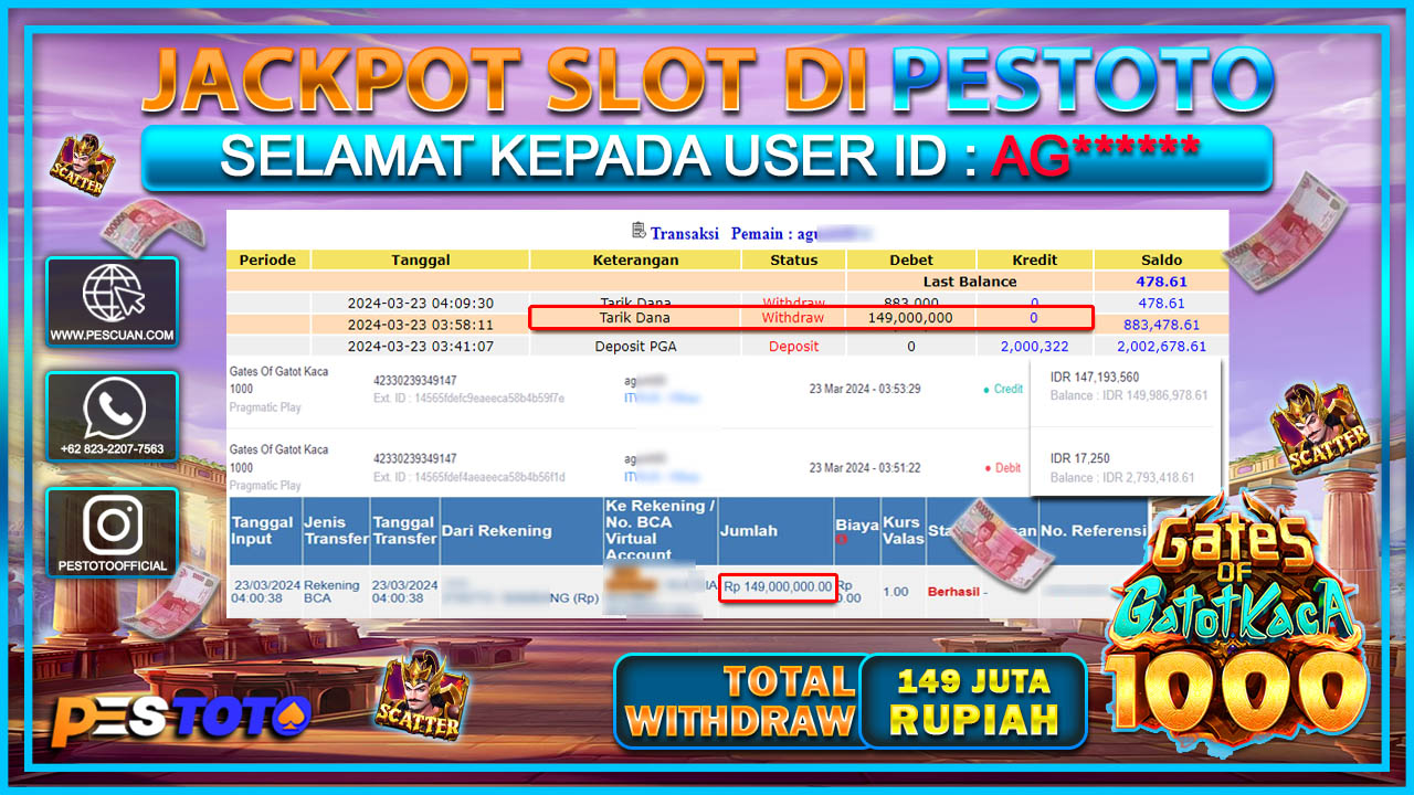 HANYA DI PESTOTO JP PASTI DI BAYAR LUNAS DAN CEPAT!!!!!! JP SLOT{ GATES OF GATOT KACA 1000} Rp.149.000.000 !!!!!