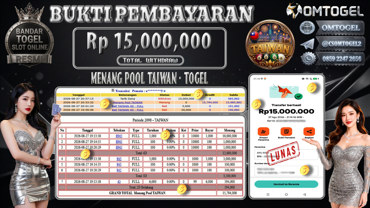 OMTOGEL JACKPOT TOGEL TAIWAN Rp,15,000,000,- DIBAYAR LUNAS 