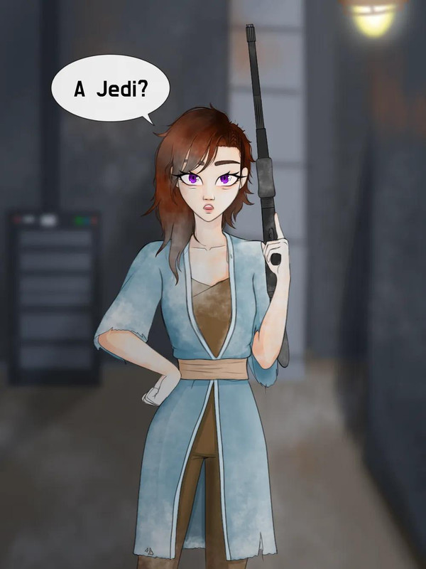 Amelia holding a blaster