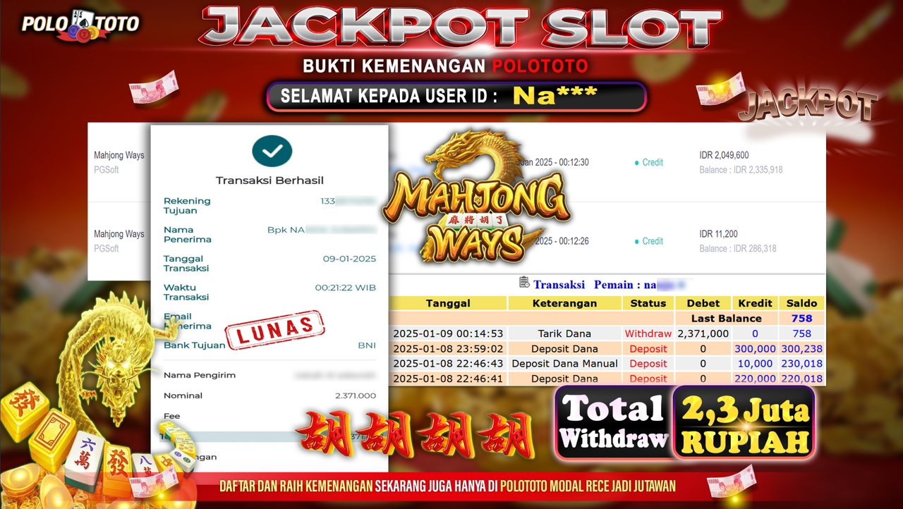POLOTOTO JACKPOT SLOT MAHJONG WAYS Rp.2,371.000,-