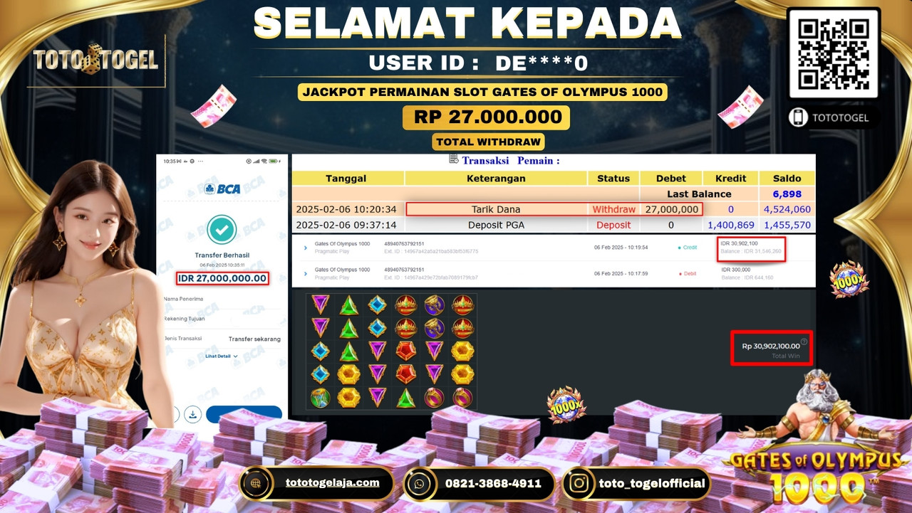 Bukti Pembayaran Jackpot  Permainan Slot Gates  Of Olympus 1000  ID:DE****0  LUNAS