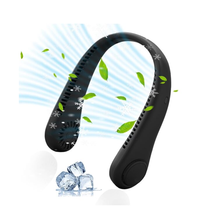 Persona usando el abanico de cuello V2 mientras camina.