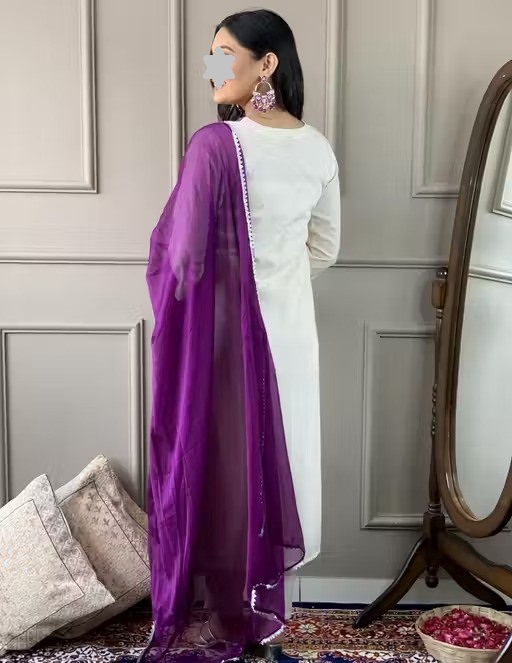 Women Embroidered Straight Kurta with Pants & Dupatta Set For Girls And Women (cream ) Color 1 (KS136)