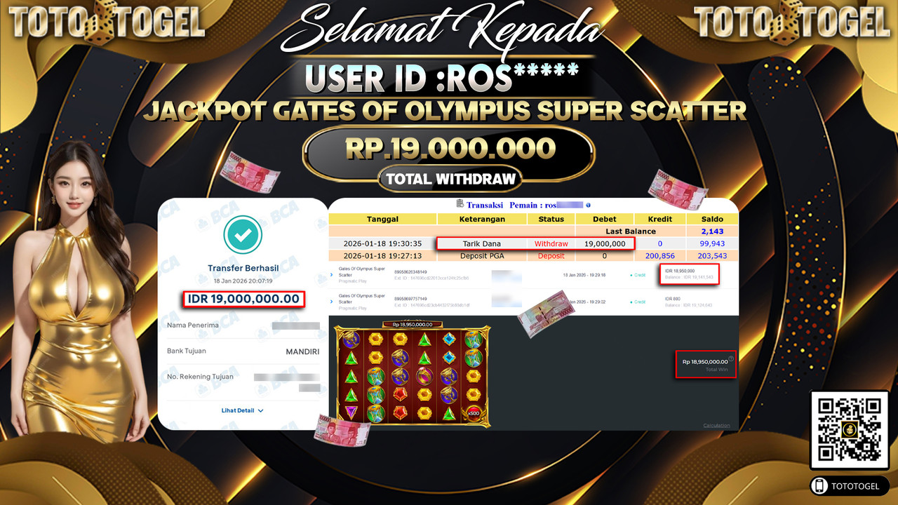 Bukti Pembayaran Jackpot Permainan Slot Gates Of Olympus Super Scatter ID:ROS*****LUNAS