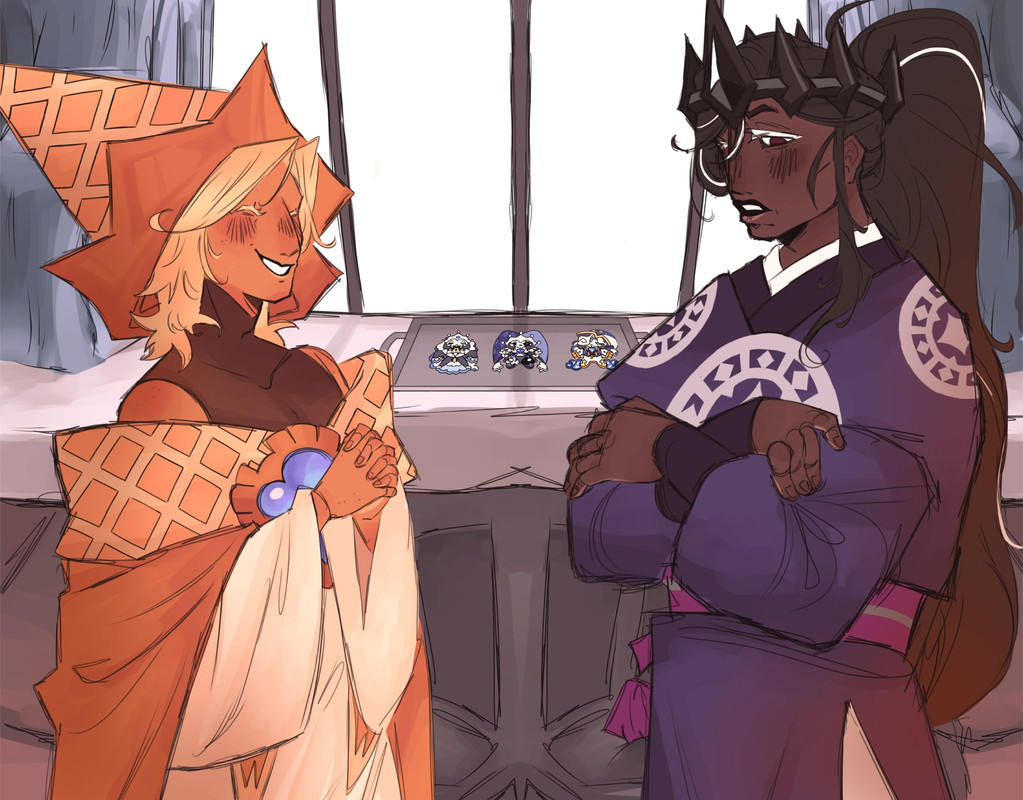 Pure Vanilla clasping his hands together whilst speaking to Dark Cacao. Behind them is a oven, on top of that oven is a white mantle with a tray of cookies that look similar to the Fount of Knowledge. 