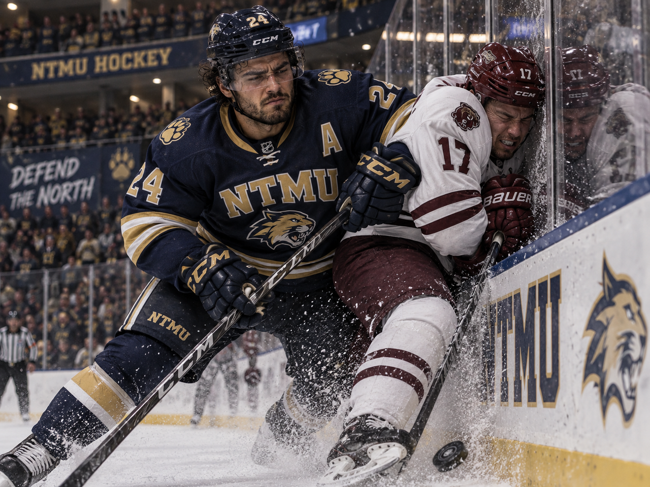 NTMU hockey player Damian checking an opponent into the boards