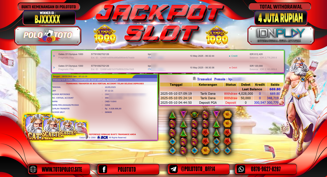 POLOTOTO JACKPOT SLOT GATES OF OLYMPUS 1000 Rp.4.028.000,-