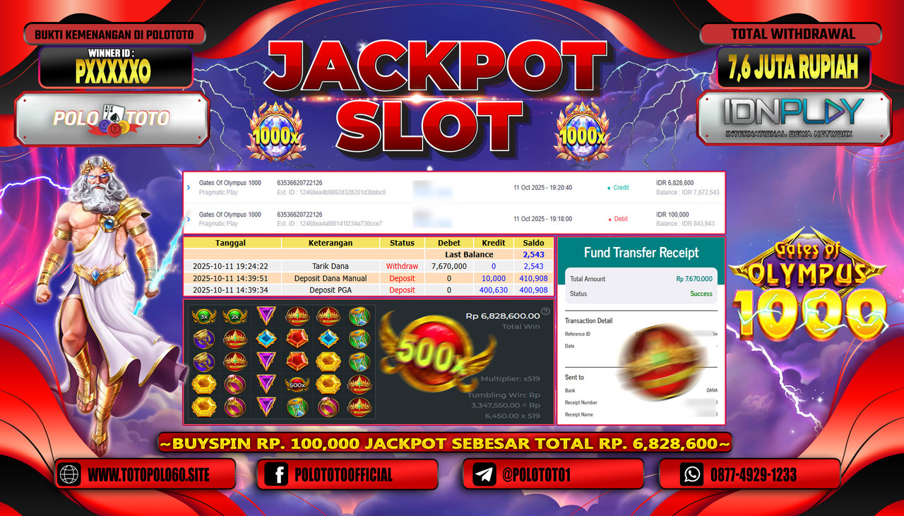 POLOTOTO JACKPOT SLOT GATES OF OLYMPUS 1000 Rp.7.600.000,- LUNAS