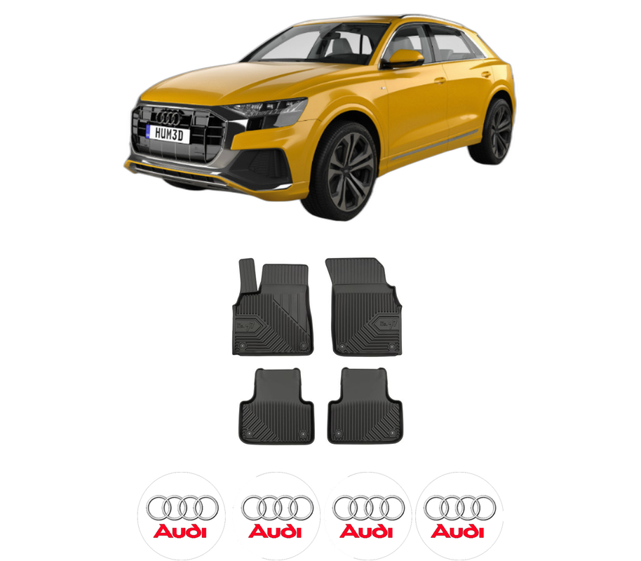 Set covorase presuri AUDI Q8 (4MN, 4MT) din 2018-2024, auto, din cauciuc thermoplastic, 4 Stickere auto cu AUDI