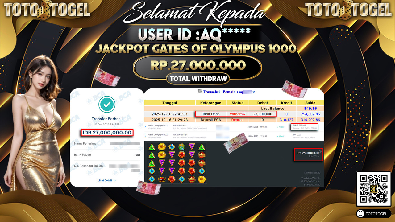 Bukti Pembayaran Jackpot Permainan Slot Gates Of Olympus 1000 ID:AQ***** LUNAS