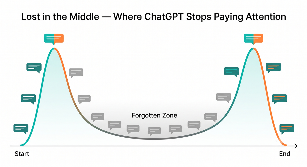 Lost in the middle attention curve showing where ChatGPT loses context