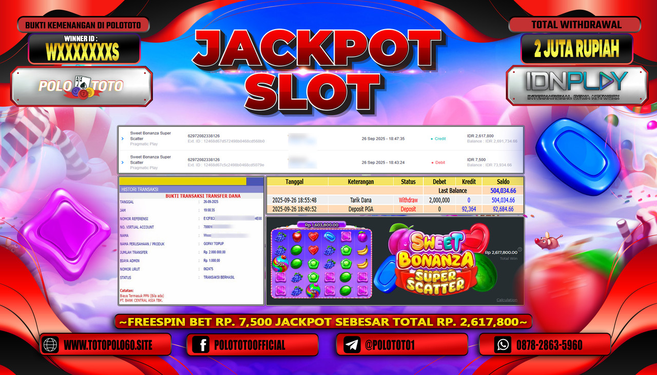 POLOTOTO JACKPOT SLOT SWEET BONANZA SUPER SCATTER Rp.2.000.000,- LUNAS