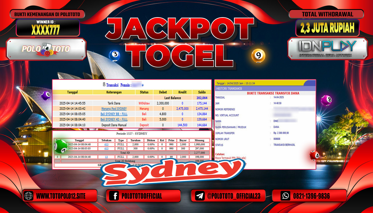 POLOTOTO JACKPOT TOGEL POOL SYDNEY Rp.2.300.000,-