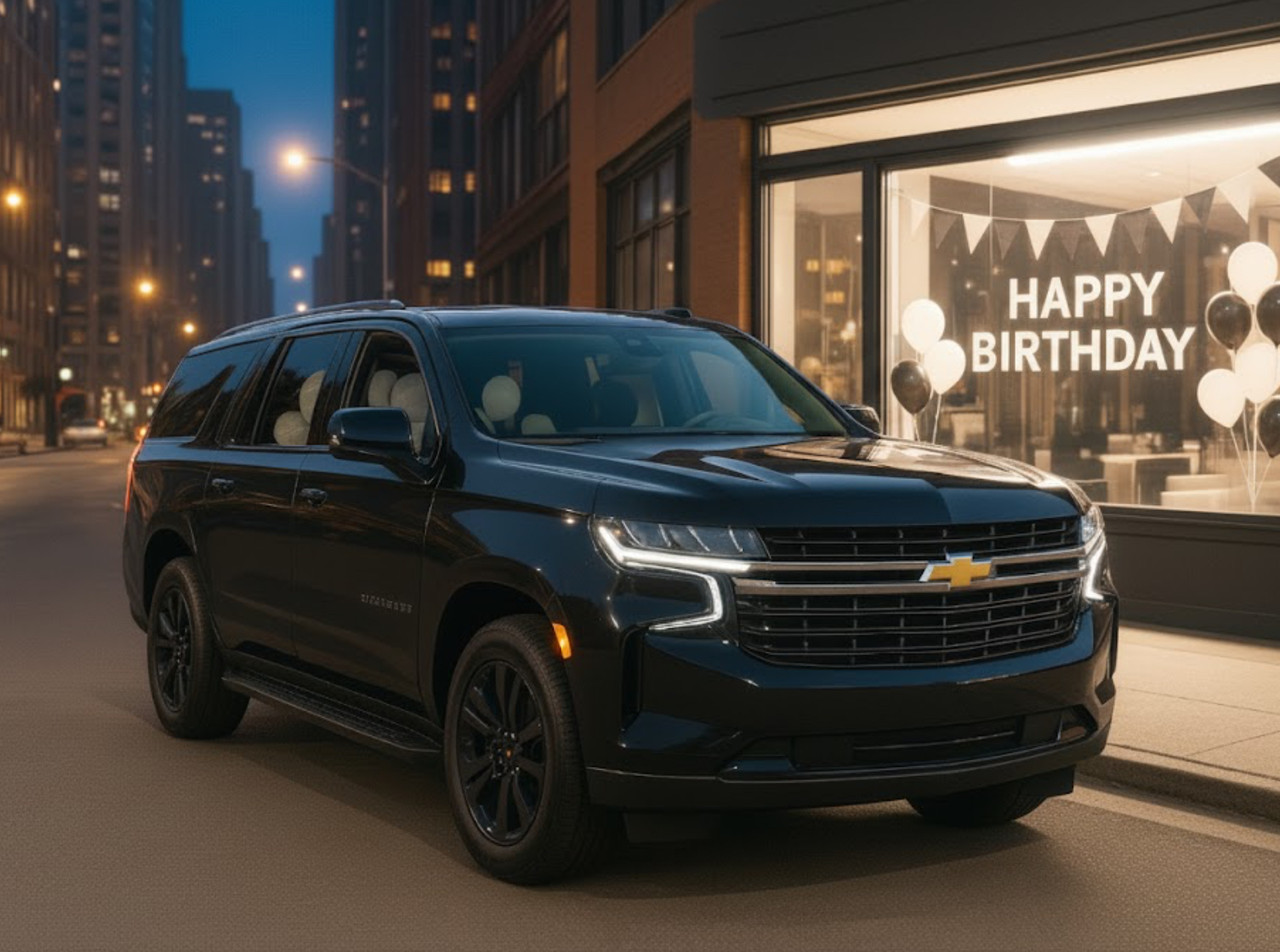 Birthday party inside limousine with smiling children and cake
