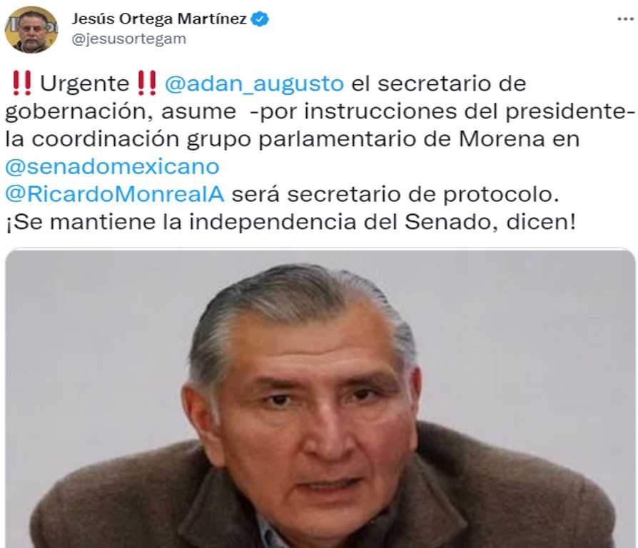 Adán Augusto asumirá la coordinación de Morena en el Senado: Informes