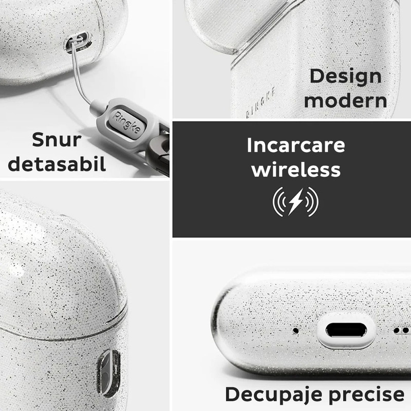 Husa pentru Apple AirPods Pro 3 Ringke, Silicon premium, Breloc Carabina, Snur detasabil, Incarcare Wireless, Transparenta/Glitter imgi 381 2650957
