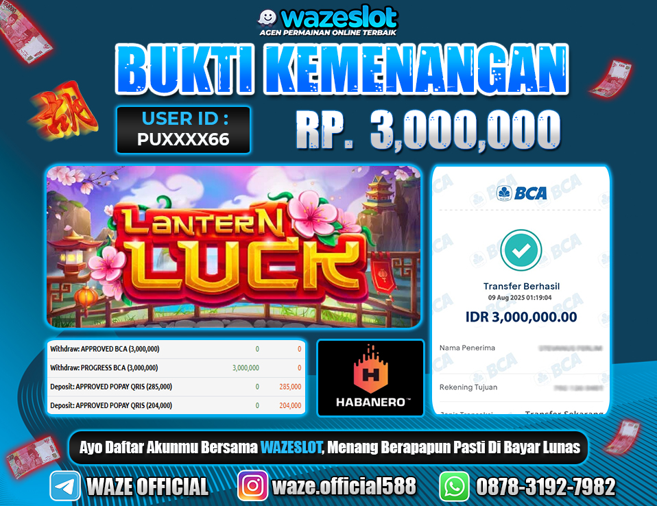 BUKTI KEMENANGAN 10 AGUSTUS 2025 GAME LANTERN LUCK ( HABANERO )