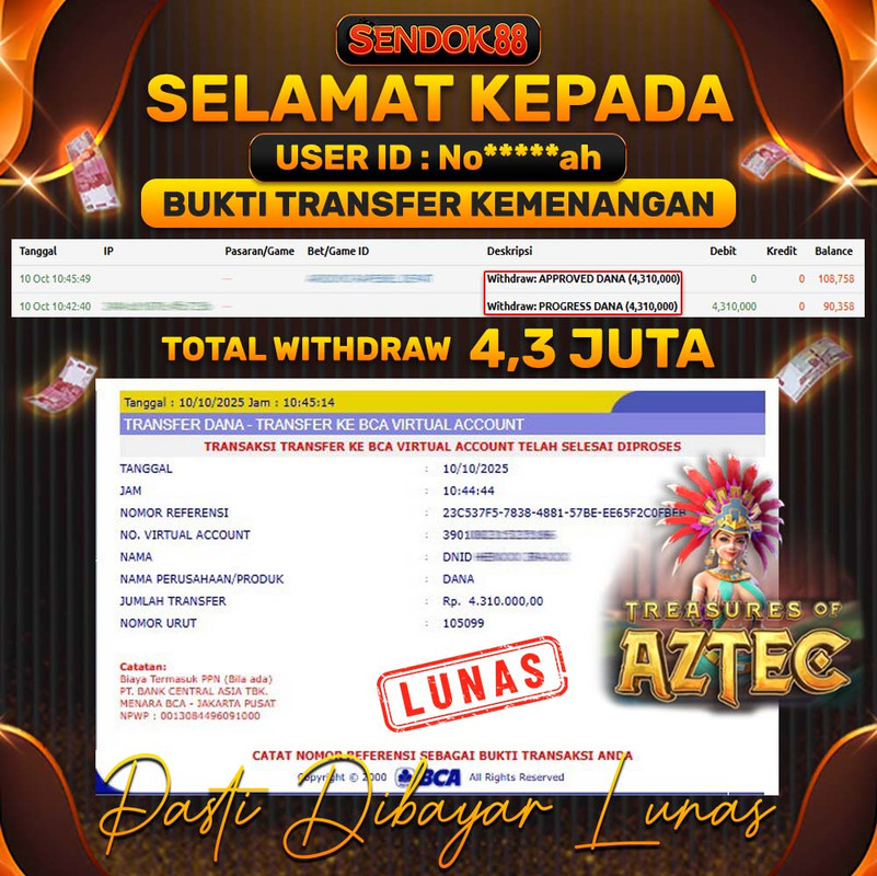 SENDOK88 JEPE! TREASURES OF AZTEC Rp 4.310.000,- LUNAS!