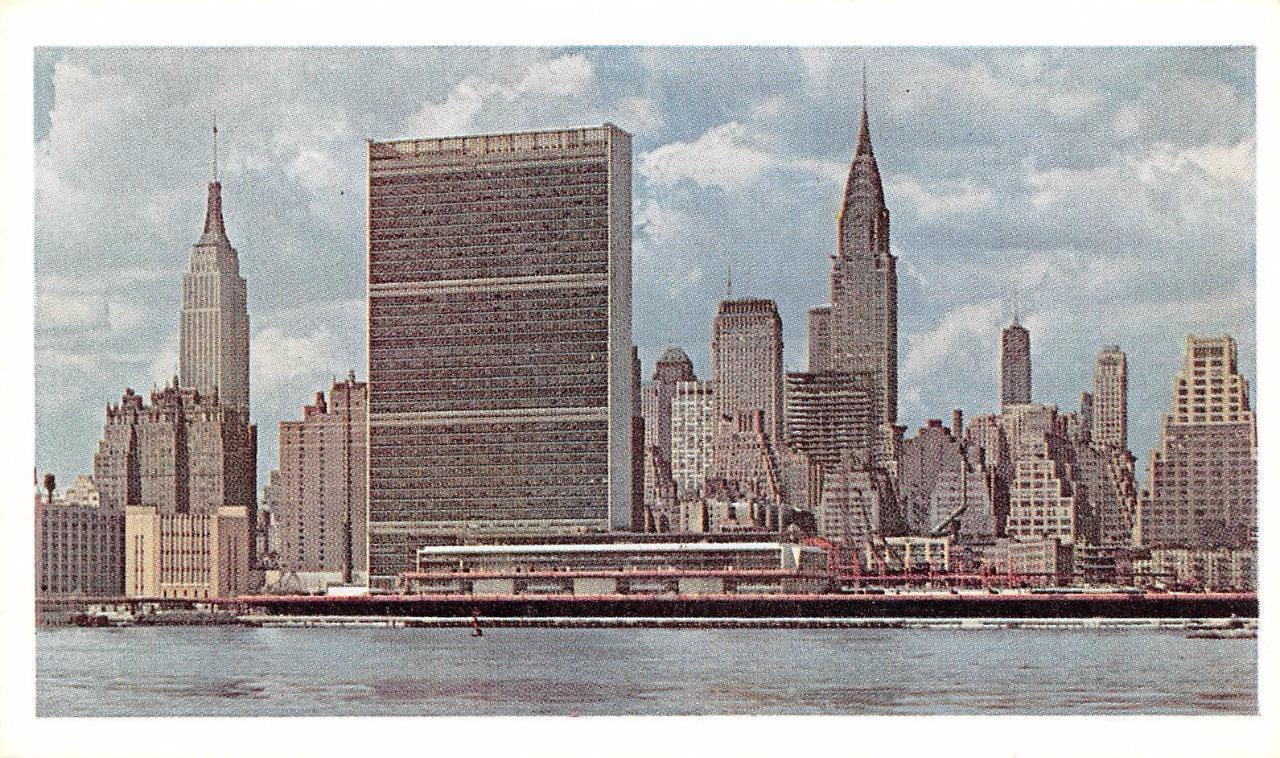 Postcard showing the Manhattan skyline over the East River in the late 1960s