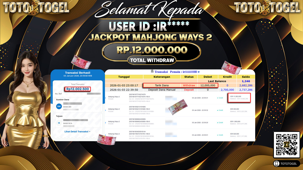 Bukti Pembayaran Jackpot Permainan Slot Mahjong Ways 2 ID:IR**** LUNAS