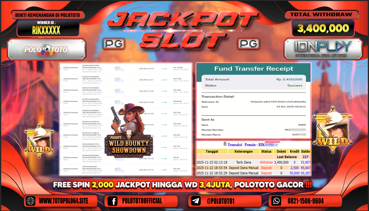 POLOTOTO JACKPOT SLOT WILD BOUNTY SHOWDOWN Rp..3.400.000,- LUNAS