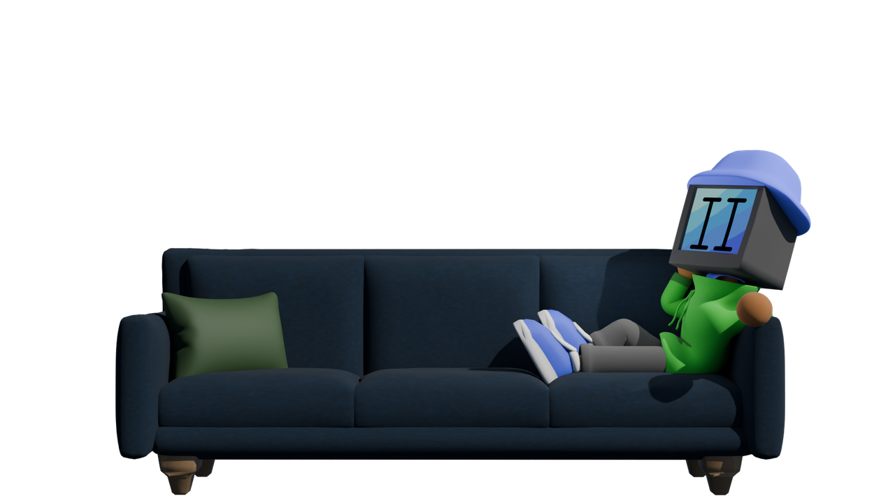 tvheaded character with a green hoodie sitting on the couch