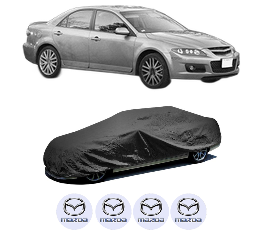 Husa tip prelata auto pentru MAZDA 6 Hatchback (GG) din 2002-2007, Culoare Negru, material textil impermeabil, rezistanta la intemperii praf UV, CARPASSION Husa Protectie, 4 Stickere auto cu MAZDA