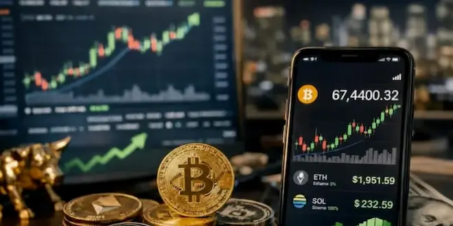 صورة توضيحية لسوق العملات الرقمية، حيث يظهر هاتف ذكي يعرض تطبيق تداول بيتكوين بسعر 67,440 دولاراً مع رسوم بيانية تشير إلى اتجاه صاعد، إلى جانب عملات بيتكوين وإيثيريوم وسولانا المادية وأموال ورقية، في مشهد يعكس حالة الأسواق المالية والمضاربات. (تم توليدها بالذكاء الإصطناعي)